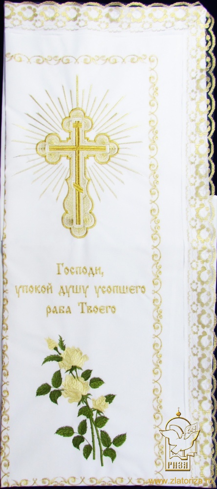 Погребальный набор, габардин, вышивка: Крест ажурный с розами, (навалочка + покрывало), С