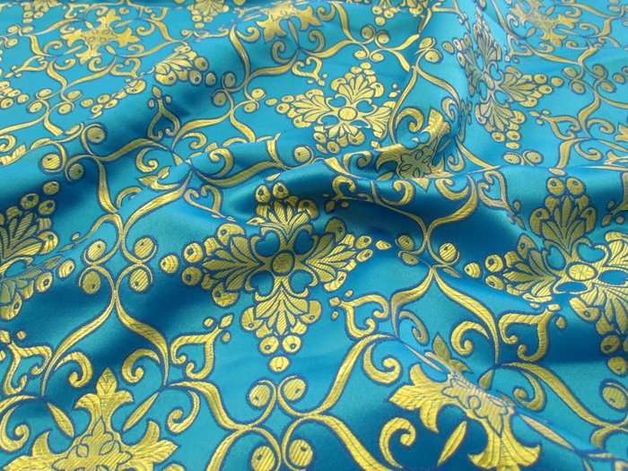Шелк ИПАТИЙ, голубой с золотом, шир. 150 см, Рахманово