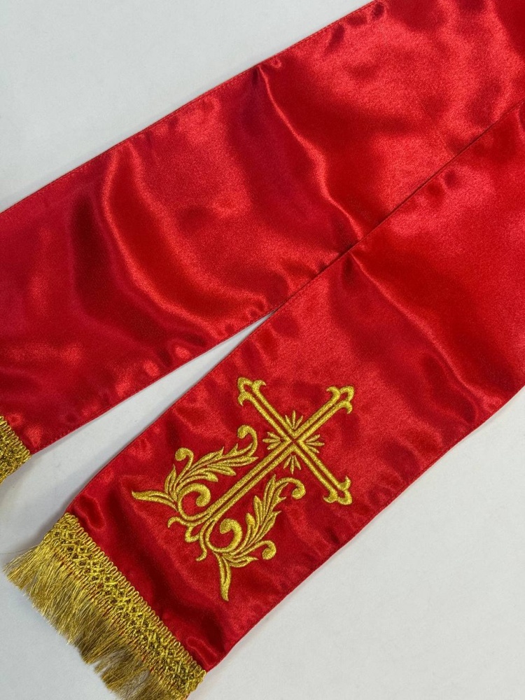 Закладка вышитая, креп, красная с золотом, шир. 13 см