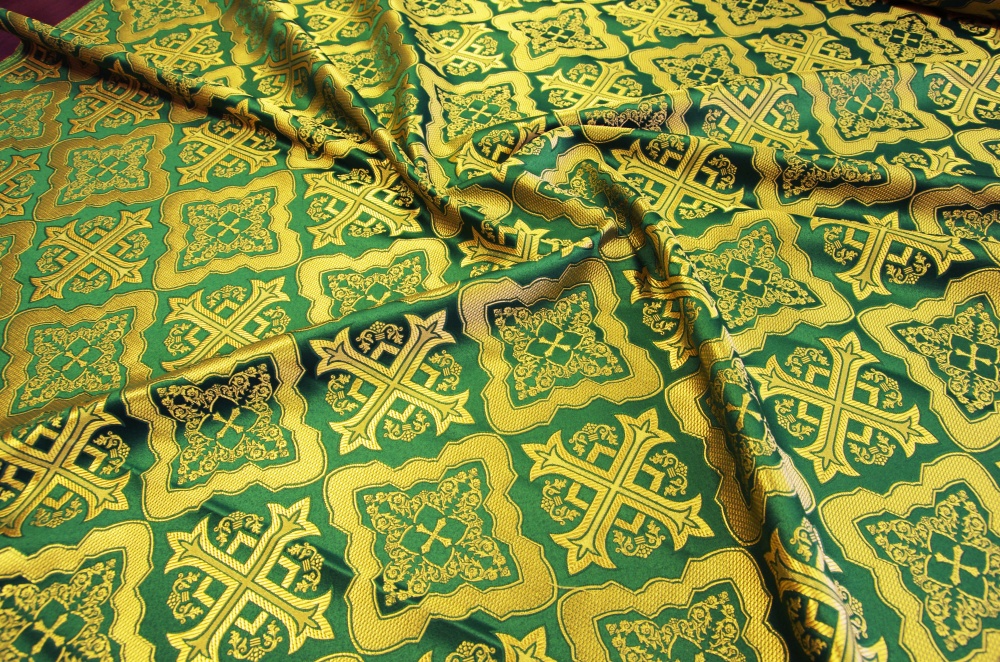 Шелк ЛАДОГА, зеленый с золотом, шир. 150 см, Рахманово