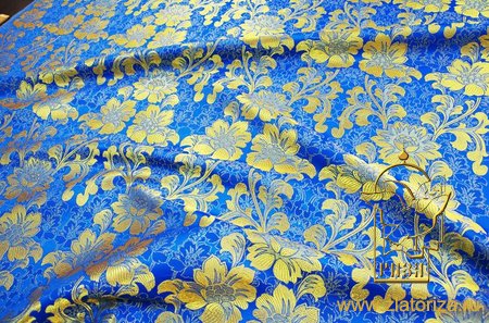 Парча САМОЦВЕТЫ, голубая с золотом, шир. 150 см, Рахманово