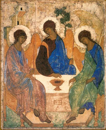 Икона Троица Ветхозаветная (Рублев) №14 р. 4, литография 16х20, на деревянной доске