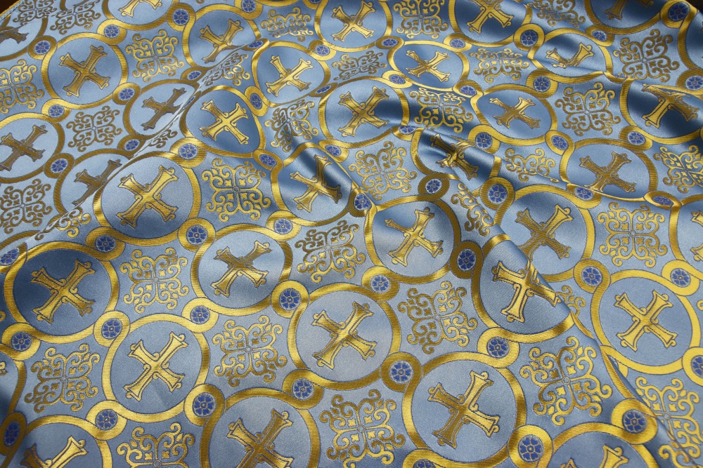 Шелк КОРИНФ, голубой с золотом с синим контурром, шир. 165 см