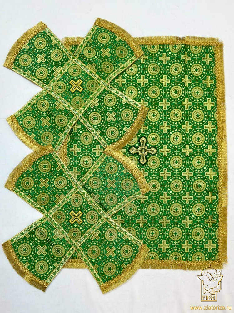 Покровцы шелк, зеленые с золотом
