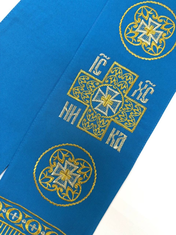 Закладка вышитая, голубая с золотом, шир. 13 см