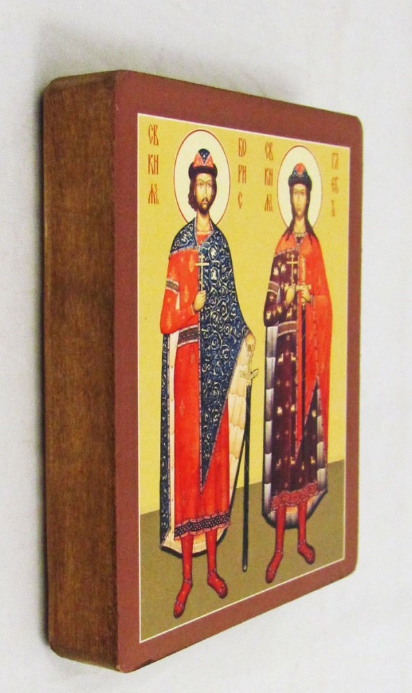Икона Борис и Глеб святые благоверные князья, 9х10,5 см, прямая печать на деревянную доску, левкас