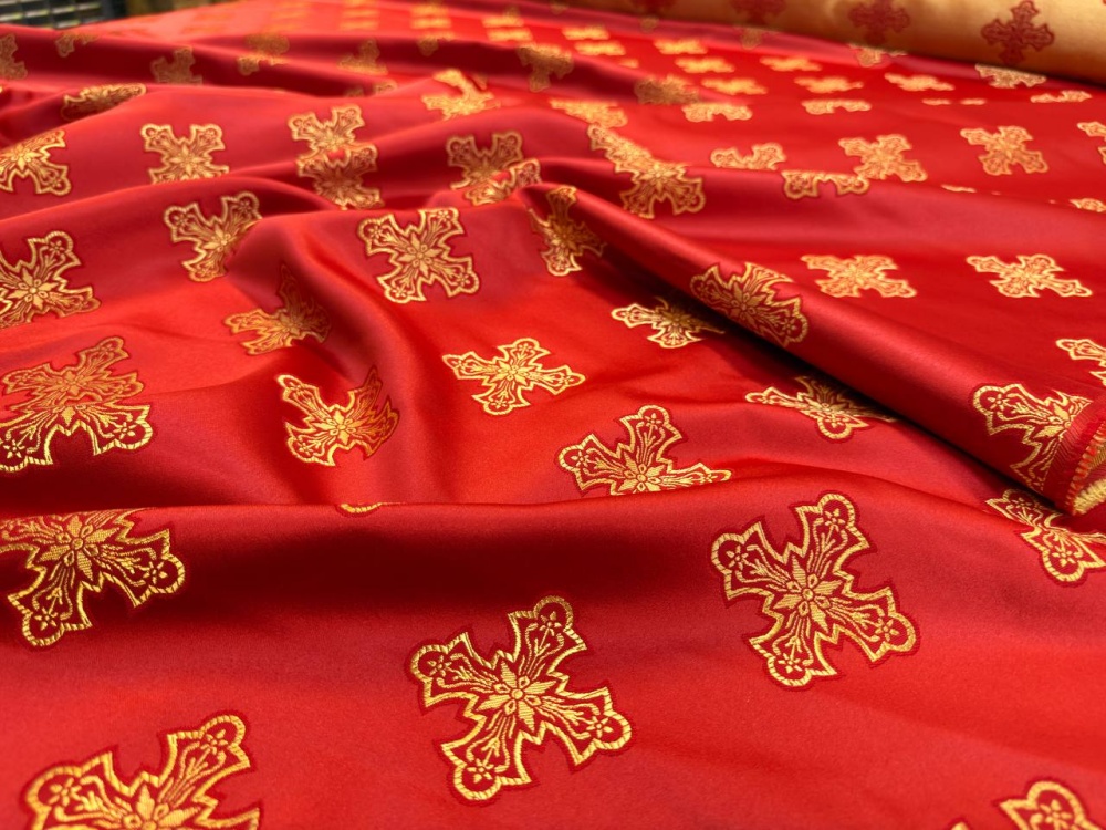 Шелк САРОВСКИЙ, красный с золотом, шир. 150 см, Павловский Посад