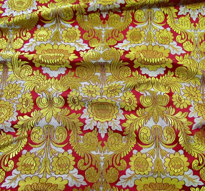 Парча ЛЕОНИЛ, красная с золотом, с серебром, шир. 150 см, Рахманово