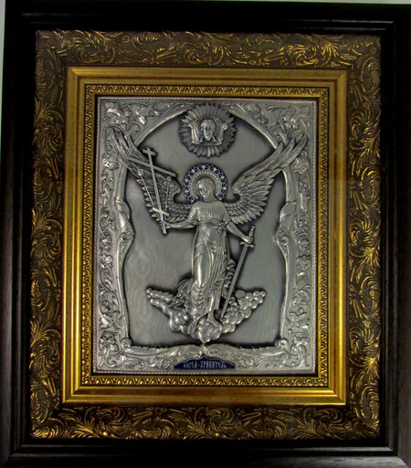Икона Ангел Хранитель (ростовой) серебрение(гальванопластика), эмаль,стразы, багет
