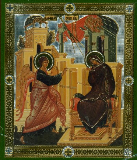 Икона Благовещение Пресвятой Богородицы Б046, двойное тиснение 8,8х10,4 см на деревянной доске
