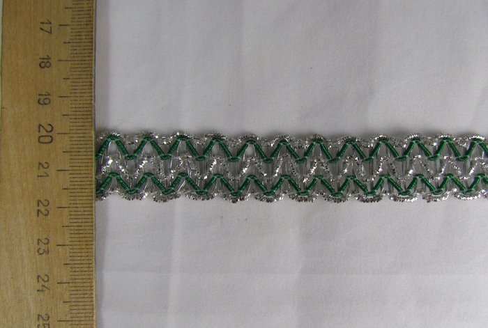 Тесьма декоративная Канительная 7, зеленая с серебром
