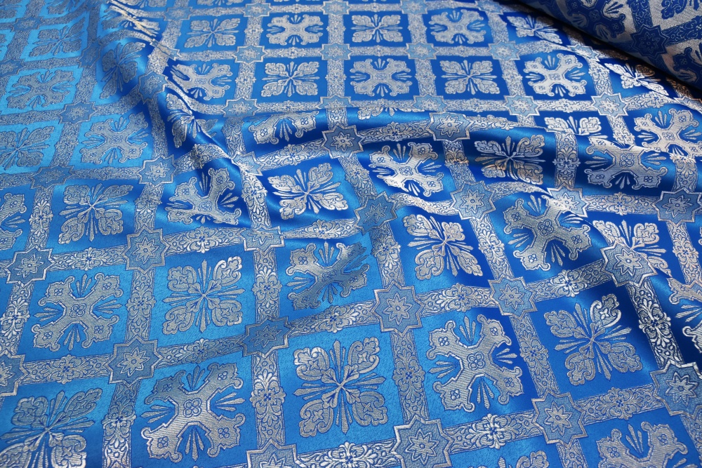 Парча КАНОН голубая с серебом, шир. 150 см, Рахманово