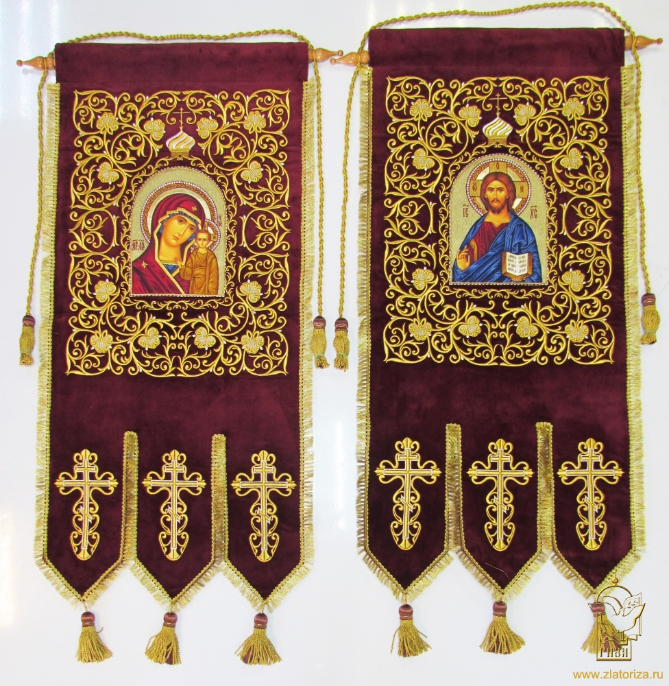 Хоругви (пара) бархат, бордо, 50х115 вышитая. Икона Богородицы Казанская, Владимирская