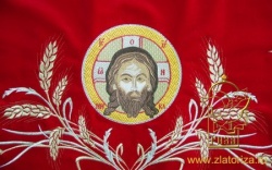 Оплечье, бархат красный, КОЛОС, с иконой СПАСИТЕЛЯ, вышивка Оплечье, бархат красный, КОЛОС, с иконой СПАСИТЕЛЯ, вышивка
