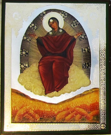 Икона Спорительница Хлебов Божия Матерь МА088 двойное тиснение 12,7х15,8 на деревянной доске