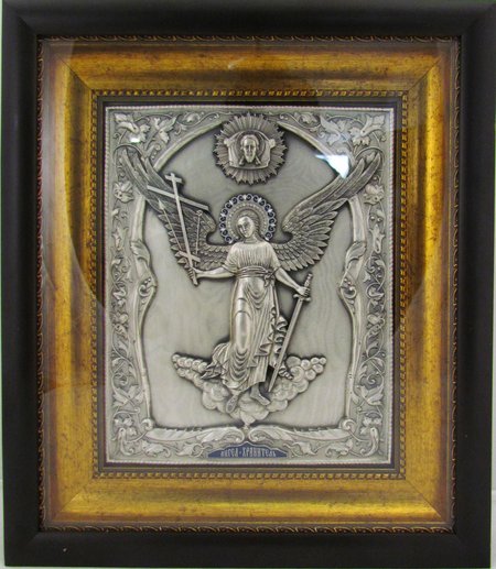 Икона Ангел Хранитель (ростовой) серебрение(гальванопластика), эмаль,стразы, багет, киот под стеклом