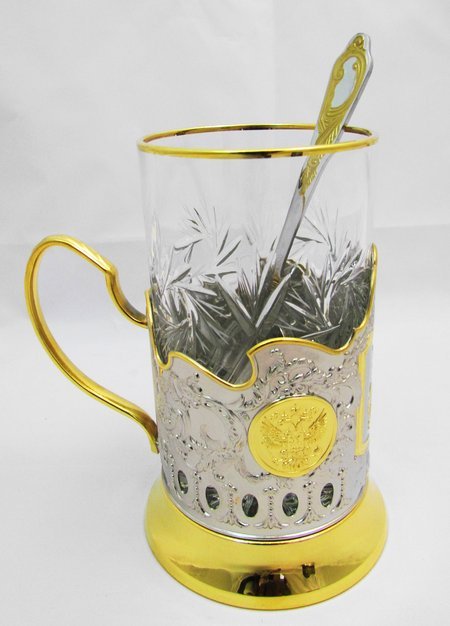 Набор для чая Св. Георгий позолоченный частично хрустальный стакан, ложка