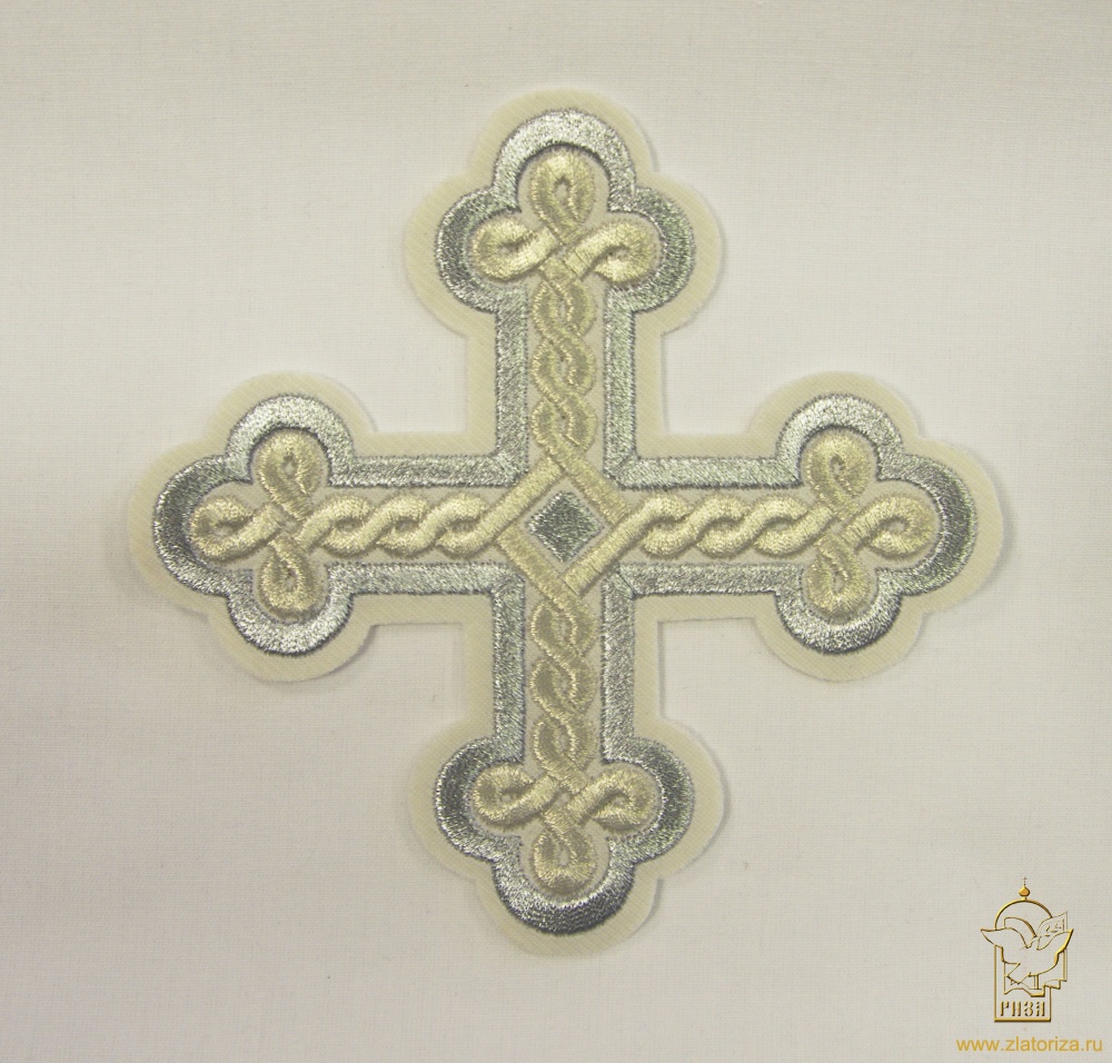 Крест 1 ОКРУГЛАЯ ПЛЕТЕНКА, белый со светлым и с темным серебром,14,5 -16 см