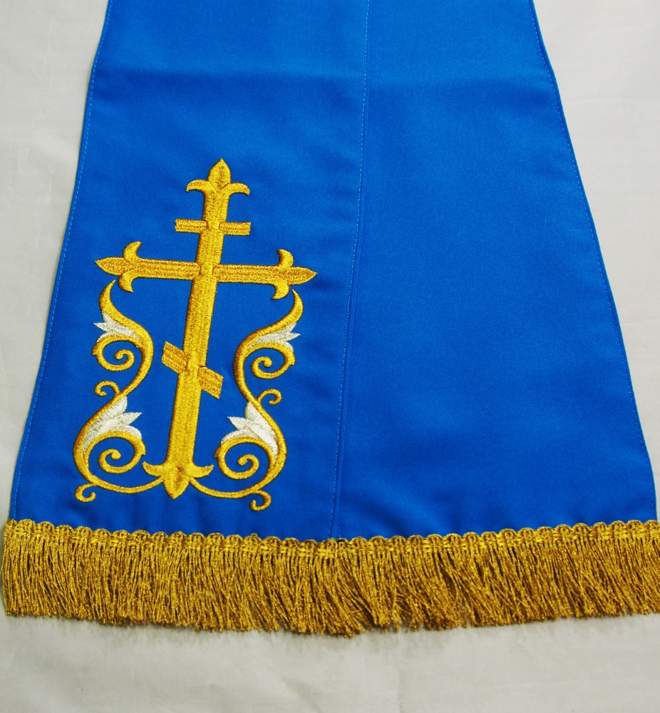 Закладка, вышитая, габардин, голубая с золотом, шир. 14 см