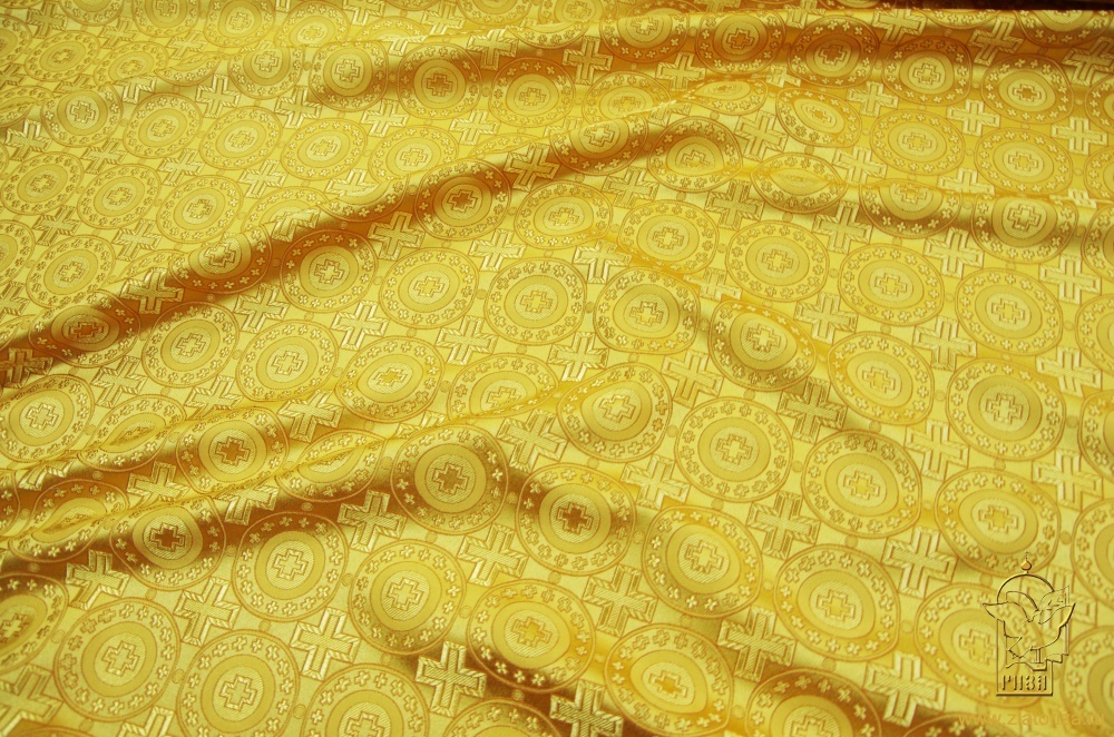 Шелк МИРЛИКИЙСКИЙ (МАЛЫЙ), желтый с золотом с горчичной обводкой, шир. 150 см, Рахманово