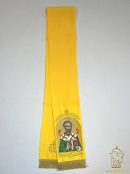Закладка для служебных книг, с иконой Святителя Николая Чудотворца, вышитая, желтая + золото, шир. 14,5 см. + золото, 14,5 см Закладка для служебных книг, с иконой Святителя Николая Чудотворца, вышитая, желтая + золото, шир. 14,5 см. + золото, 14,5 см