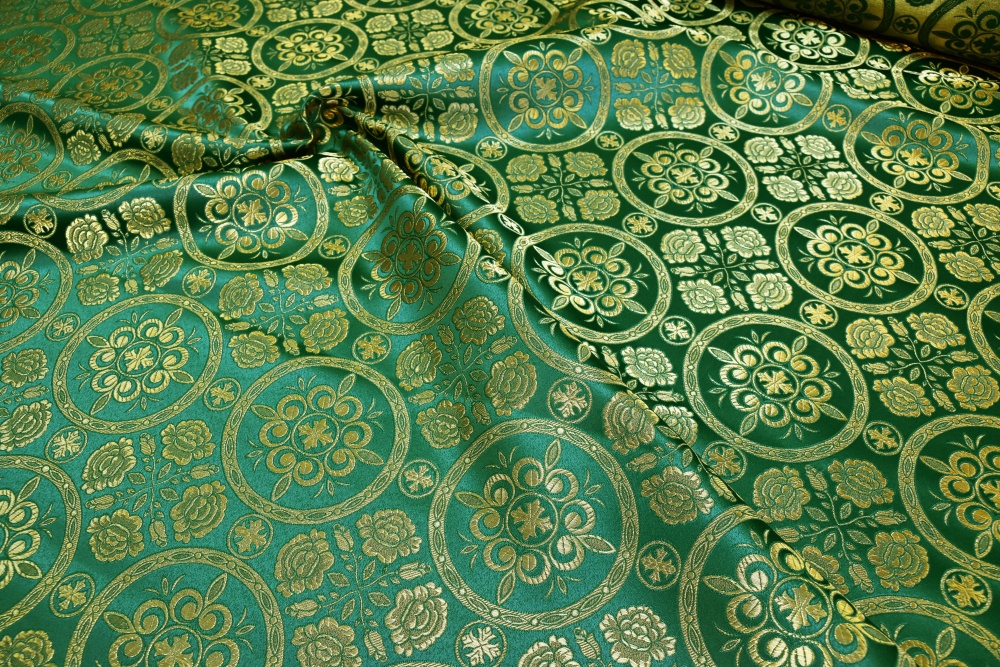 Парча ПОСАД, зеленая с золотом, шир. 150 см, Рахманово