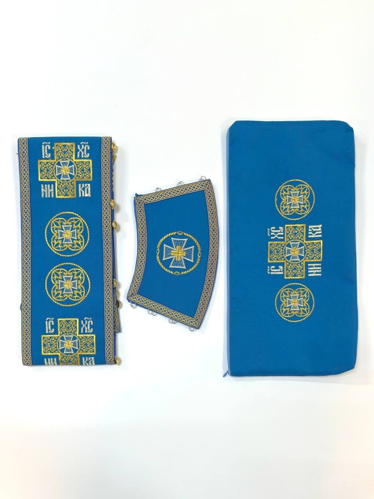 Епитрахиль + поручи, голубая с золотом, вышитая, с сумочкой