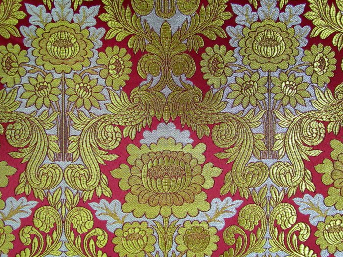 Парча ЛЕОНИЛ, красная с золотом, с серебром, шир. 150 см, Рахманово