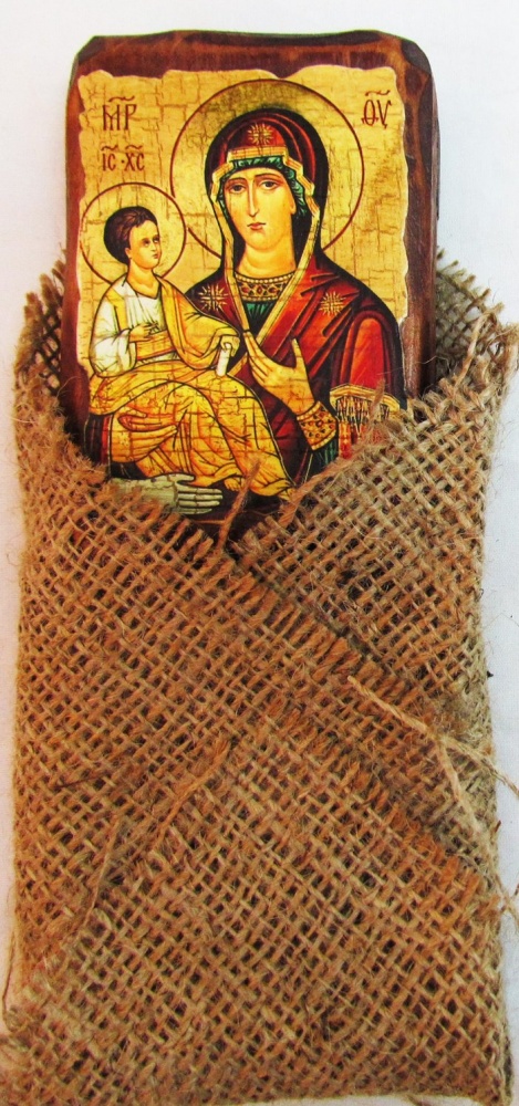 Икона Троеручица Божией Матери полиграфия 7х10 см, на дереве, текстильная упаковка