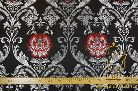Шелк РОЗА ПАВЛОВСКАЯ, черный с серебром, с красной розой, шир. 150 см, Павловский Посад