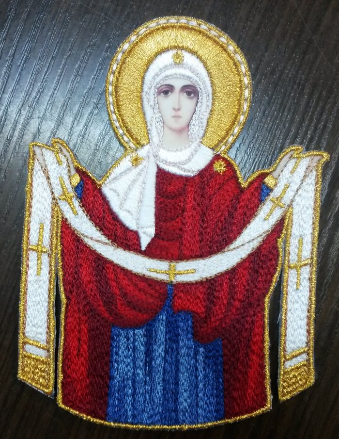 Икона Покров Пресвятой Богородицы, вышитая, высота 14-15 см