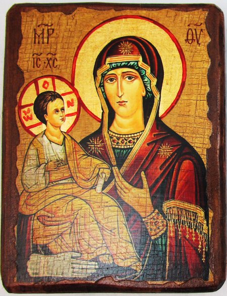 Икона Троеручица Божией Матери полиграфия 12,5х16,5 см на дереве текстильная упаковка