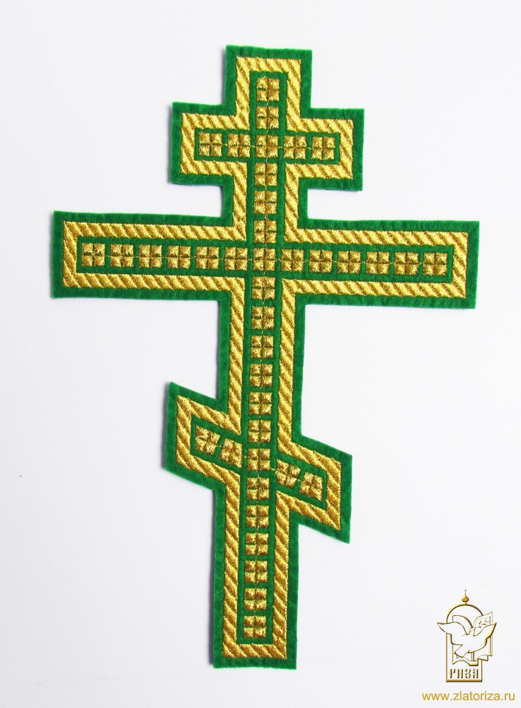 Крест ГОЛГОФА с кубиками, восьмиконечный, зеленый с золотом, высота 25 см