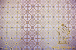 Шелк КОРИНФ, белый с золотом фиолетовый контур, шир. 160 см