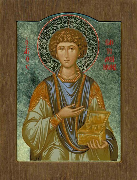 Икона Пантелеимон святой великомученик шелкография 16х20 на деревянной доске