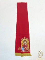 Закладка для служебных книг, с иконой Великомученика Пантелеимона, вышитая, красная + золото, шир. 14,5 см. + золото, 14,5 см