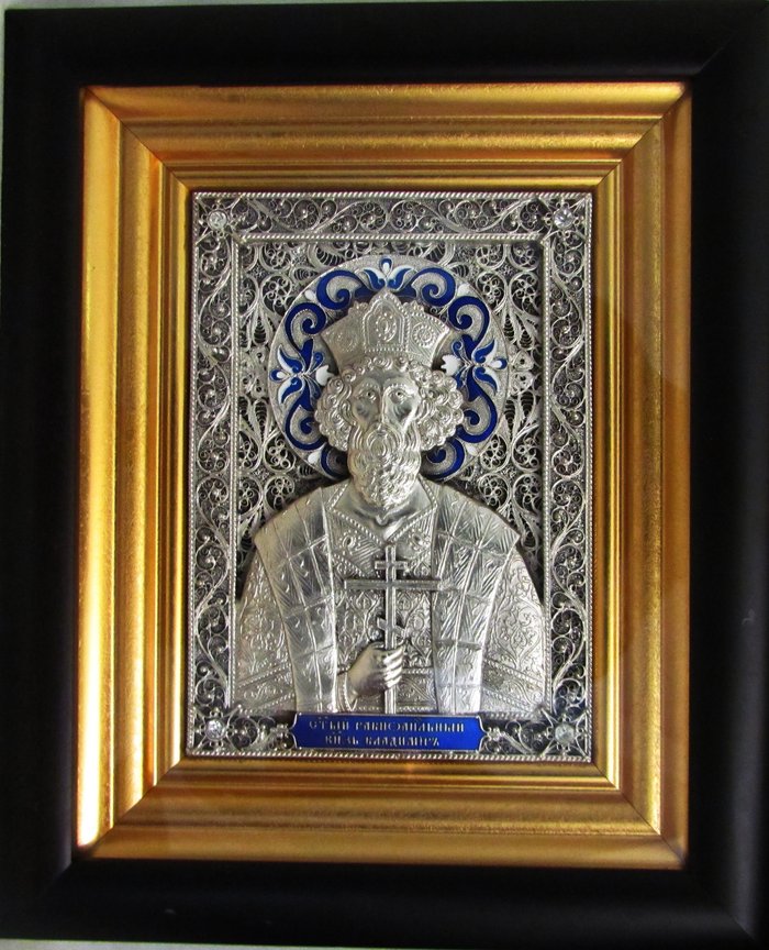 Икона Владимир святой равноапостольный князь (поясной), серебрение, багет (метод гальванопластика), скань, эмаль 0103010025
