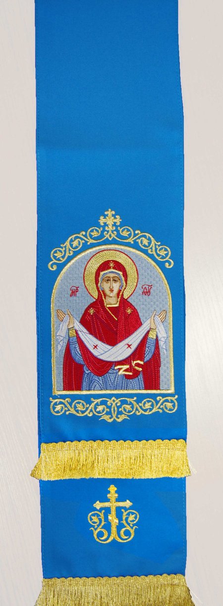 Закладка, вышитая с иконой Богородицы Покров, голубая + золото, шир. 14,5 см