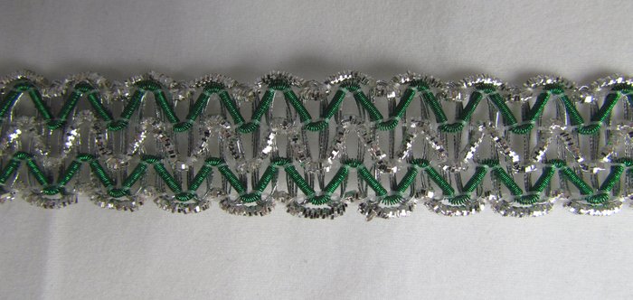 Тесьма декоративная Канительная 7, зеленая с серебром