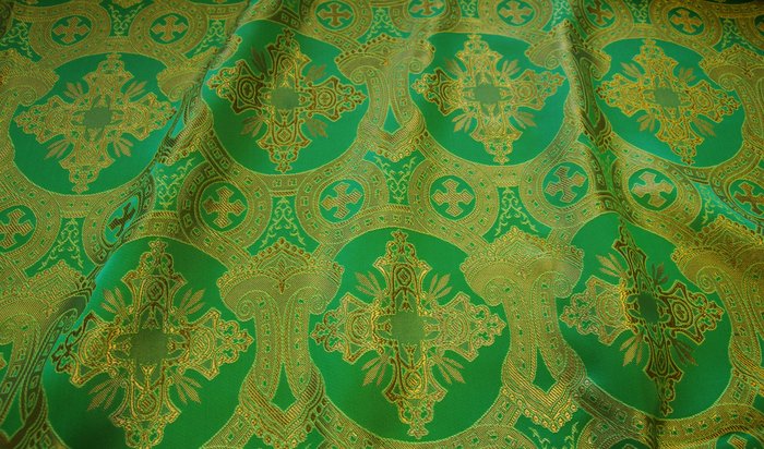 Шелк КОРОНА/ЛАВРА, зеленый с золотом, шир. 160 см