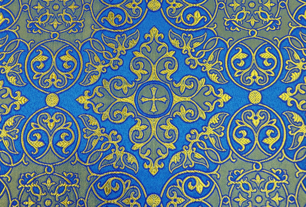 Шелк САРОВ, голубая с золотом, шир. 150 см, Рахманово
