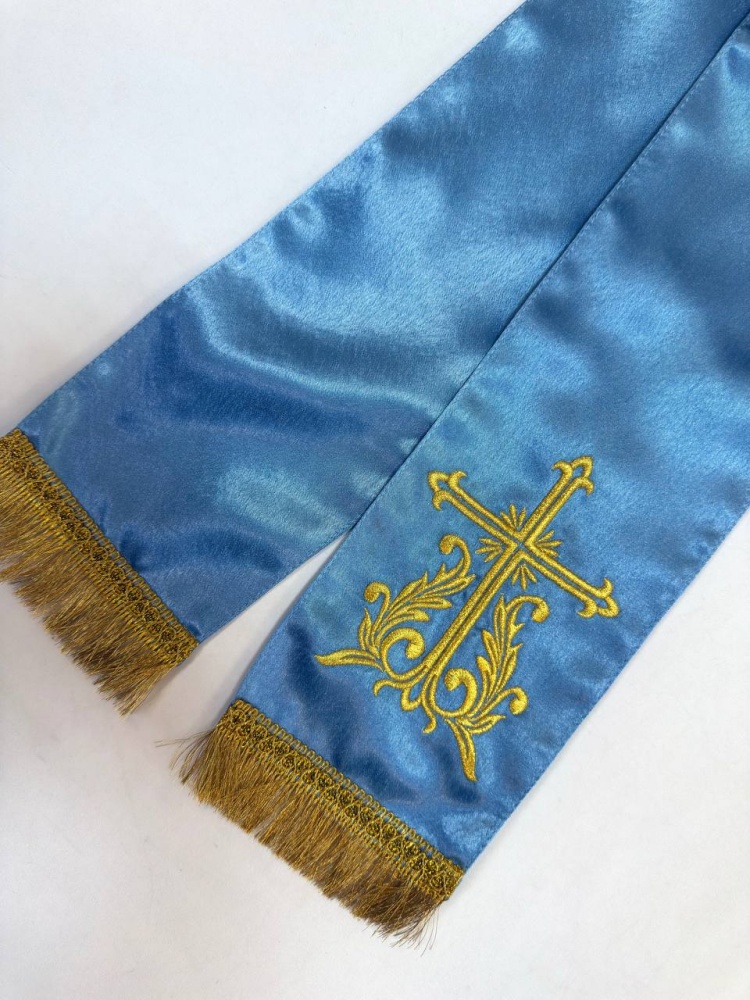 Закладка вышитая, креп, голубая с золотом, шир. 13 см