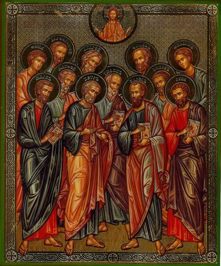 Икона Собор двенадцати Апостолов А310 двойное тиснение 17,2х20,8 см на деревянной доске