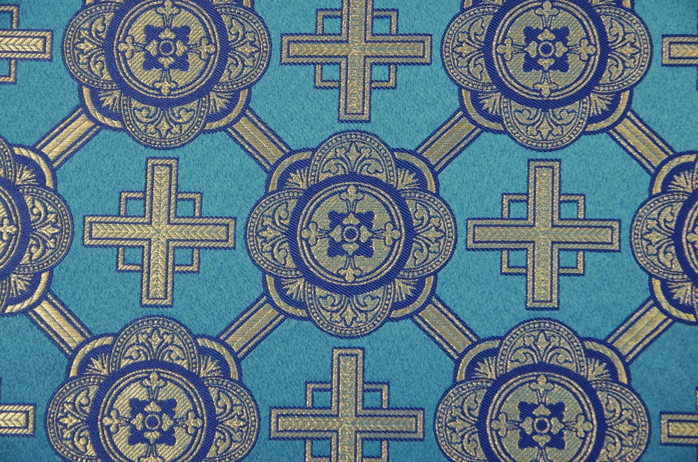 Парча НИКОЛЬСКИЙ КРЕСТ, голубая с серебром, шир. 150 см