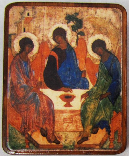 Икона Троица Ветхозаветная (Рублев) №14 р. 1 литография 4х5 см на деревянной доске