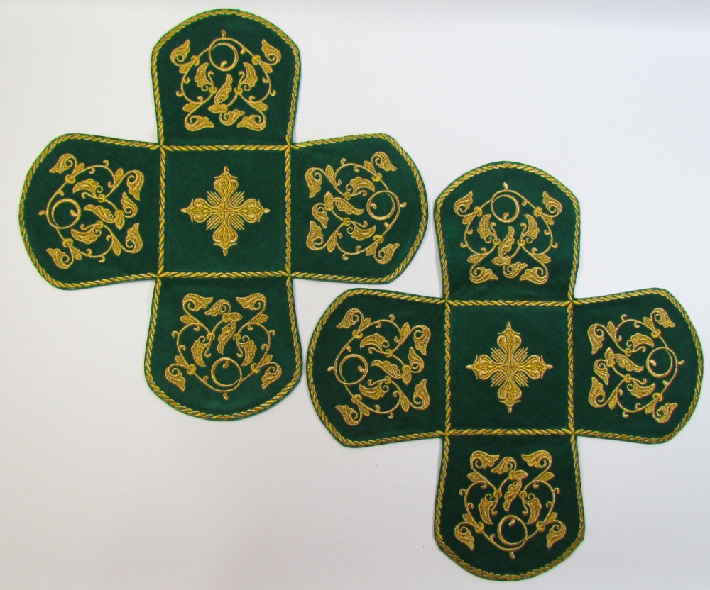 Покровцы бархат, вышитые, ПТИЦЫ зеленые с золотом