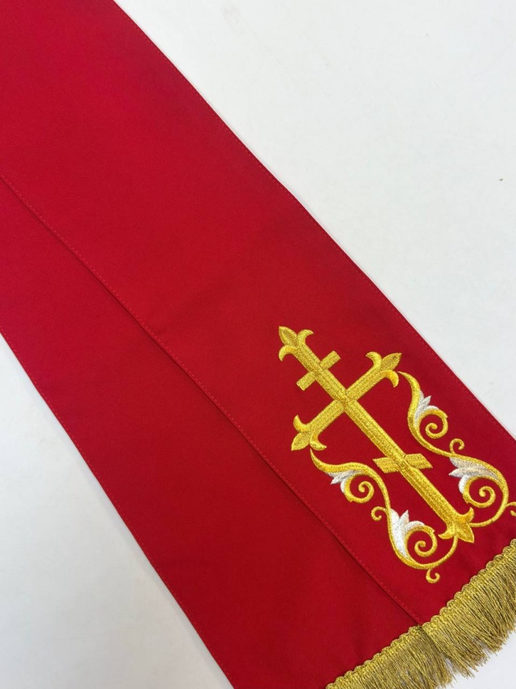 Закладка, вышитая, габардин, красная с золотом, Расцветший Крест, шир. 14 см