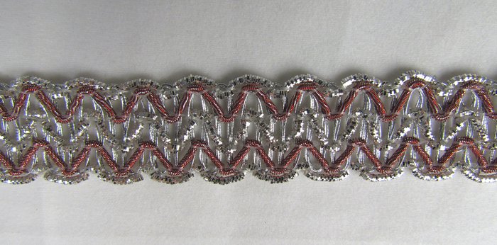 Тесьма декоративная Канительная 6, розовая с серебром