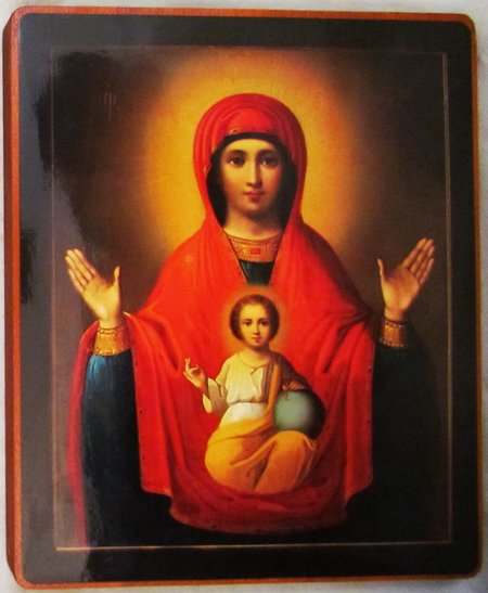 Икона Знамение Божией Матери, вариант 2, полиграфия, шпон береза, лак 15х18 см