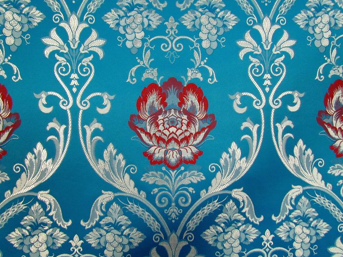 Шелк РОЗА ПАВЛОВСКАЯ, голубая с серебром, с красной розой, шир. 150 см, Павловский Посад
